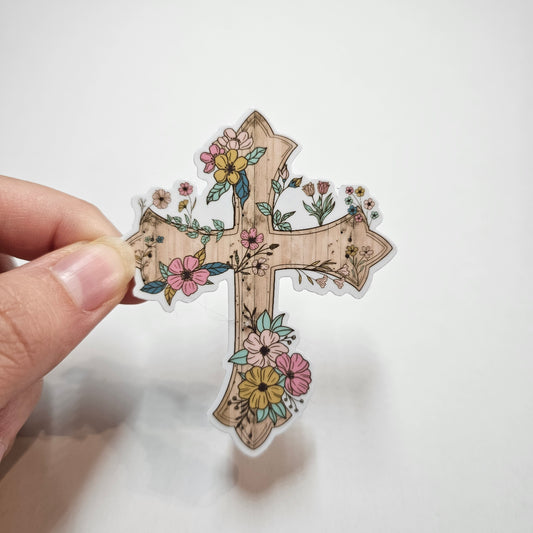 Floral Wooden Cross Sticker